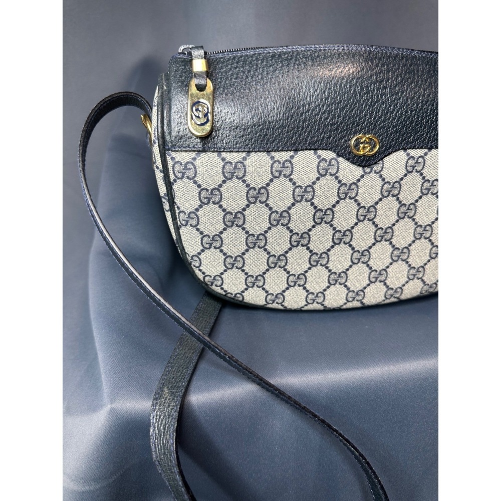 Gucci Vintage GG Supreme Monogram Crossbody Bag Navy Blue Leather Trim Italy - Picture 3 of 16